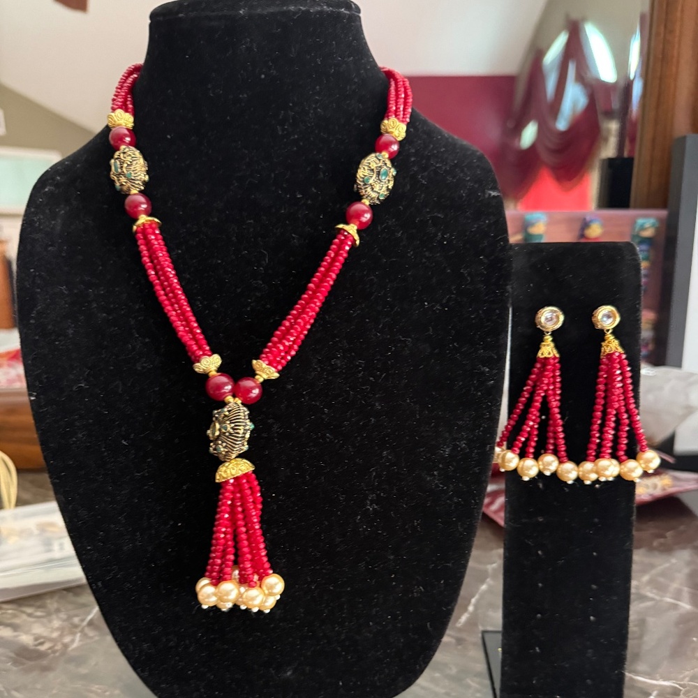 Indian Beaded Long Necklace (Rani Haar) With Matching Earrings